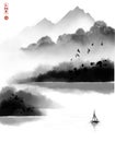 Landscape with black misty forest mountains over the water on white background. Traditional oriental ink painting sumi-e