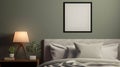 Landscape black picture frame mockup on sage green wall. Elegant bedroom view. White and grey linen pillows, blanket.Night stand