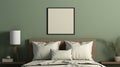Landscape black picture frame mockup on sage green wall. Elegant bedroom view. White and grey linen pillows, blanket.Night stand
