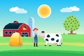 Landscape with black white spotted cow stand with grass mouth near farmer and haystack in front of red barn flat style vector illu Royalty Free Stock Photo