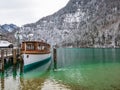 Landscape blue green lake moutain Passenger boat on the Koenigssee, Bavaria, Germany Royalty Free Stock Photo