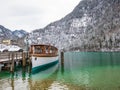 Landscape blue green lake moutain Passenger boat on the Koenigssee, Bavaria, Germany Royalty Free Stock Photo