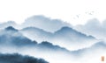 Landscape with blue misty forest mountains. Traditional oriental ink painting sumi-e, u-sin, go-hua.