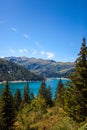 Landscape with blue mountain lake in the Alps.