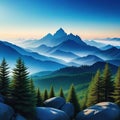 landscape with blue mountain silhouettes in