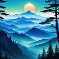 landscape with blue mountain silhouettes in