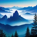 landscape with blue mountain silhouettes in