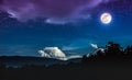 Landscape of blue night sky with many stars and beautiful full m Royalty Free Stock Photo