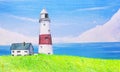 painting landscape blue sea lighthouse on a green field with birds flying in the sky.