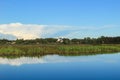 Landscape with blue sky, church on the bank and still surface of the lake