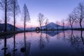 Landscape blue sky fumoto para camping ground and fuji mountain with tree reflections at morning fujinomiya shizuoka japan Royalty Free Stock Photo