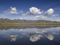 Landscape with blue sky, white clouds and mountain lake. Mongolia