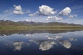 Landscape with blue sky, white clouds and mountain lake. Mongolia