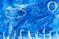 Landscape in blue tones. Real drawing of a small child. Drawing by watercolor.