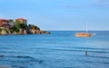 Landscape with the boat and a boy. Royalty Free Stock Photo