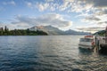 Landscape of boat dock on a lake with beautiful mountain as the background at Queenstown in New Zealand Royalty Free Stock Photo