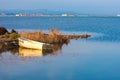 Landscape with a boat in the Ebro Delta, Tarragona, Catalunya, Spain. Copy space for text.