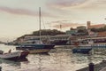 Landscape of boats and ships on the sea surrounded by buildings in Saint George, Grenada Royalty Free Stock Photo