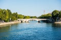 Landscape of bridge across the Seine river, and the Ile Saint-Louis, one of two natural islands in the Seine river, in Paris,