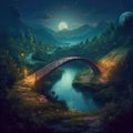 Landscape with bridge over river, mountains with full moon, created using generative ai technology Royalty Free Stock Photo