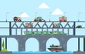 Landscape with bridge. Speed truck highway bridge with cars vector cartoon background illustration