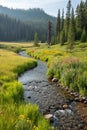 Landscape with brook, meadow, and forest Royalty Free Stock Photo
