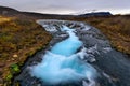 Landscape of Bruarfoss waterfall in Iceland at sunset. Bruarfoss famous natural landmark and tourist destination place. Travel and