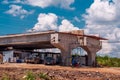 Landscape of building highway bridge over temporary house of workers on the construction site Royalty Free Stock Photo