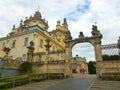 Landscape. The building, the house, the temple of Yuri. The road from the stone leads to a large gate to the building. From above Royalty Free Stock Photo