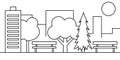 Landscape building trees benches sun city illustration