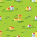 Landscape with buildings - vector background seamless pattern in flat style design. Buildings on green background. Royalty Free Stock Photo