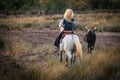 Landscape with bulls and guardians in Camargue Royalty Free Stock Photo