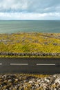 Landscape in Burren area by Atlantic ocean, West of Ireland. Small narrow asphalt road by the ocean, part of Wild Atlantic Way Royalty Free Stock Photo