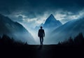 Landscape with businessman walking to mountain - concept of sucess. Generative AI
