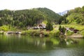 Landscape with cabins near a mountain lake Royalty Free Stock Photo