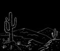 Landscape with cacti in the desert in white on a black background