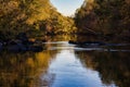 Landscape of calm river in Georgia with sky and colorful autumn trees reflecting off river water Royalty Free Stock Photo