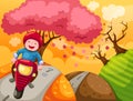 Landscape cartoon boy riding motorcycle