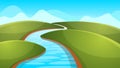 Landscape cartoon, illustration. River, sun, hill.