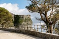 The landscape with Castello di Venere in Erice, Sicily, Italy and rocky mountain Monte Erice with tree and road in the foreground Royalty Free Stock Photo