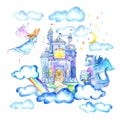 Landscape of castle,fairy,dragon, moon, clouds and rainbow. Royalty Free Stock Photo