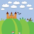 Landscape with castle wizard, Cartoon Dragon, bats Royalty Free Stock Photo