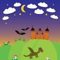 Landscape with castle wizard, Cartoon Dragon, bats