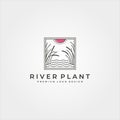 Landscape cattail and river line art logo vector illustration with sunset symbol design Royalty Free Stock Photo
