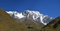 Landscape with Caucasus Shkhara mountain seen from Ushguli villa Royalty Free Stock Photo