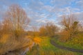 Creek with bare willow trees and hiking trail in the flemish countryside Royalty Free Stock Photo