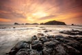 Landscape with Chagwido Island and strange volcanic rocks, view from Olle 12 corse in Jeju Island, Korea.