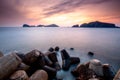 Landscape with Chagwido Island and strange volcanic rocks, view from Olle 12 corse in Jeju Island, Korea.