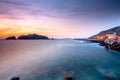 Landscape with Chagwido Island and strange volcanic rocks, view from Olle 12 corse in Jeju Island, Korea.