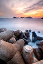 Landscape with Chagwido Island and strange volcanic rocks, view from Olle 12 corse in Jeju Island, Korea.